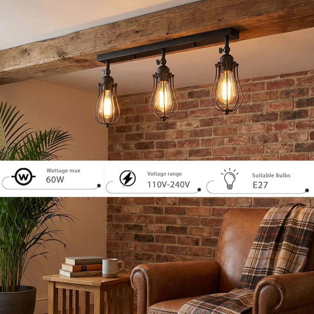 Three-light fixture with glass bulbs in a room with a brick wall and brown leather chair.