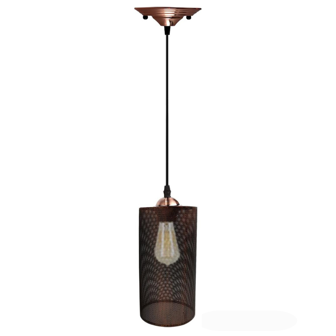 Pendant light with mesh shade and exposed bulb on a white background