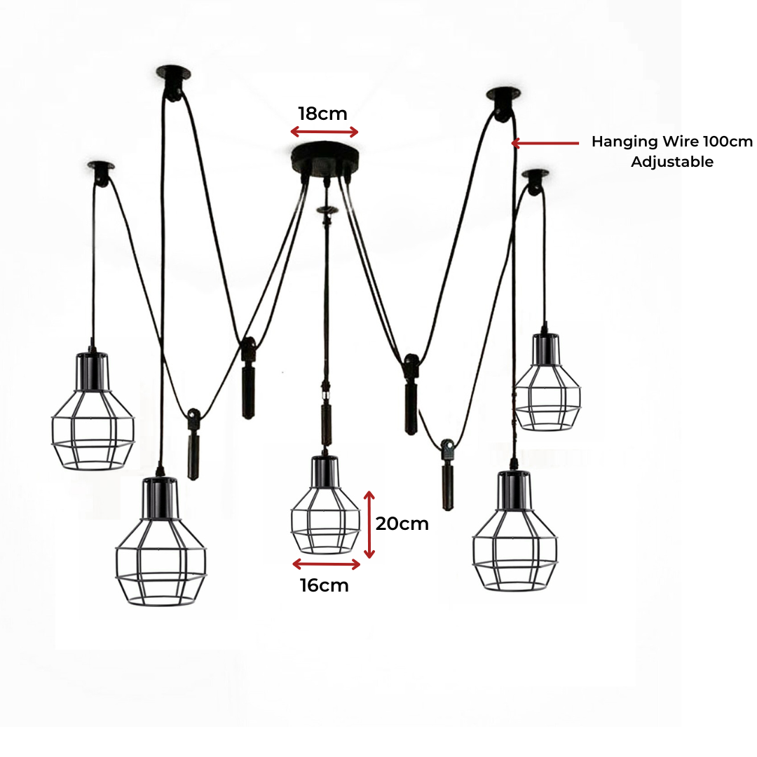 Diagram of pendant lights with measurement details on a white background
