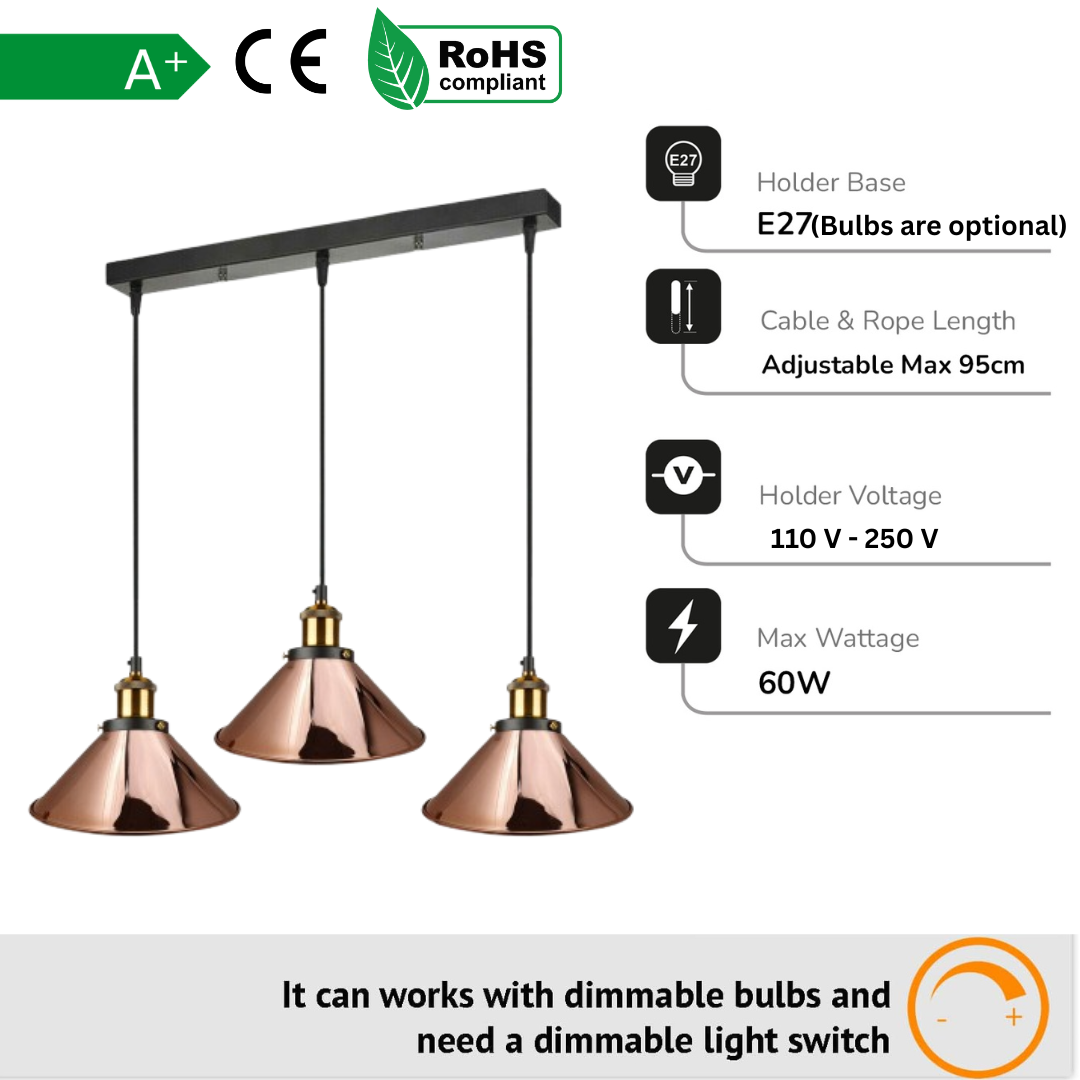 Pendant light fixture with copper shades and adjustable cable length.