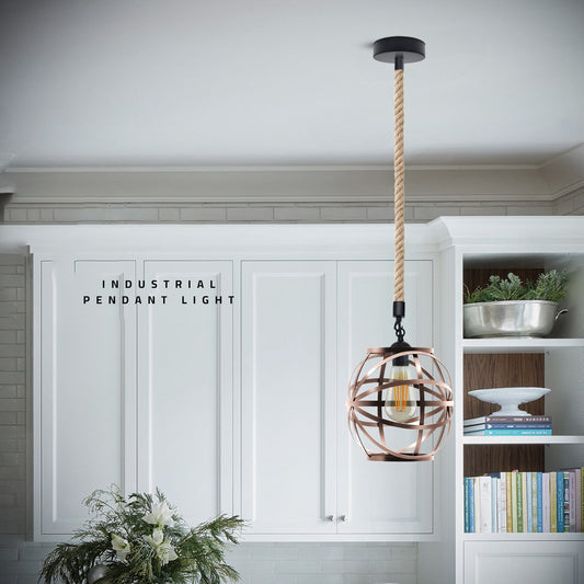 Single Ceiling Hemp Rope Hanging Pendant light with Bulb Guard wire cage light~5089
