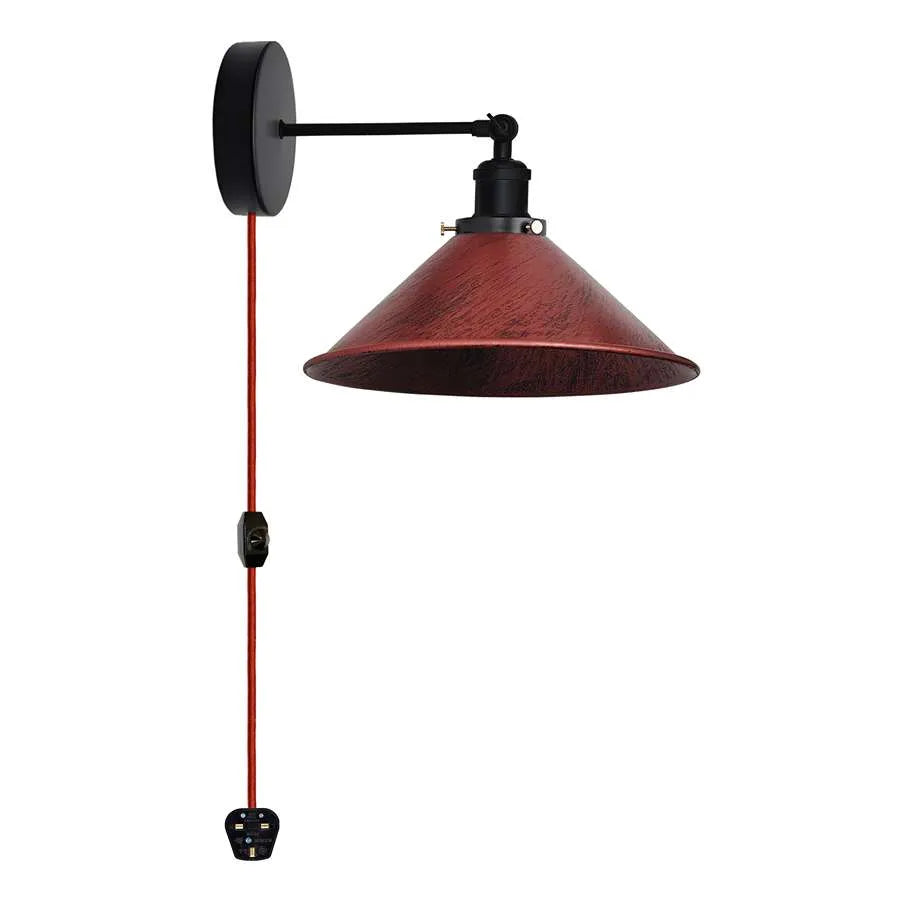 Brushed Copper plug in wall light with metal cone shade without bulb