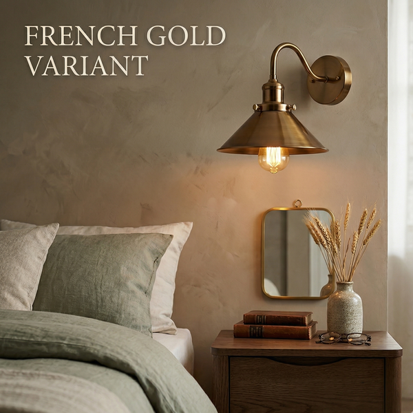 Industrial Swan Neck Wall Sconce Fixed Arm E27 Professional Metal~1196 – French Gold / With Bulb