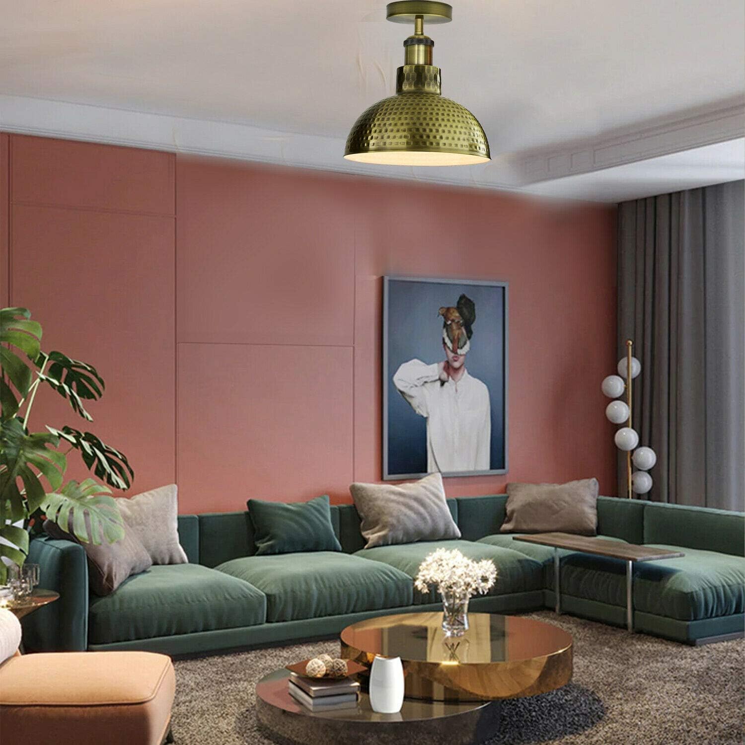 dome install tiffany vintage green brass dome ceiling light, vintage E27 semi-flush 26 cm, aged brass industrial ceiling fixture, unique color metal ceiling lamp