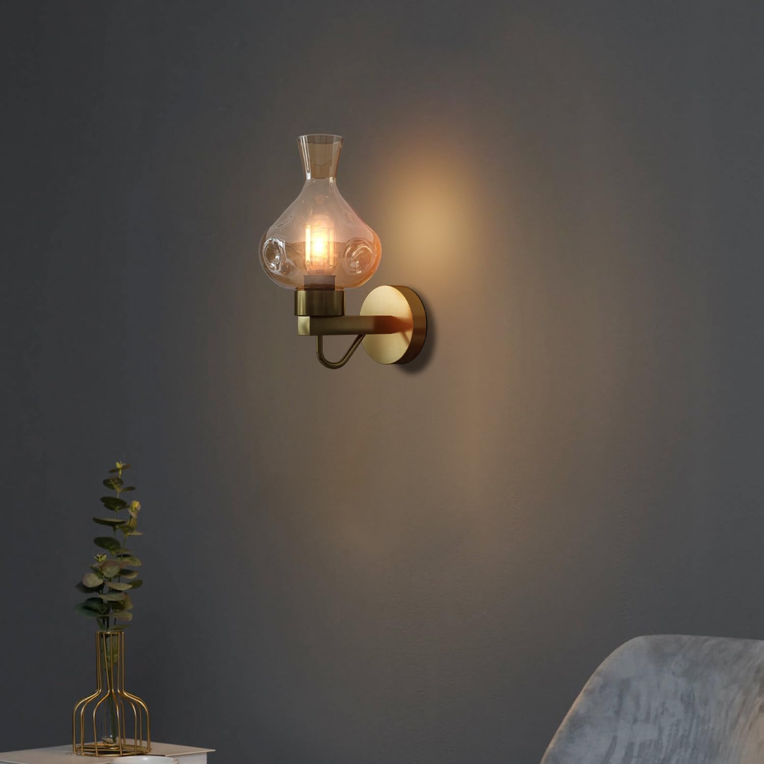 lighting modern lamp brass Copper wall sconce, mid-century modern wall light, brass finish sconce, amber glass wall fixture, vintage wall lamp