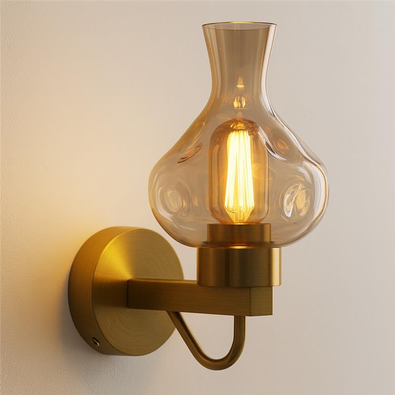 lighting modern lamp brass Copper wall sconce with bulb, mid-century modern light kit, brass finish wall fixture, amber glass wall lamp, LEDSone Copper Sconce