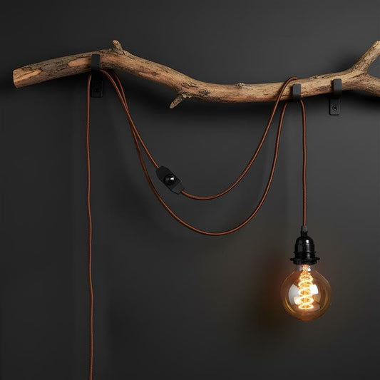 4M Fabric Flex Cable UK Brown Plug In Pendant Lamp Light Set E27 Bulb Holder+ switch~3750