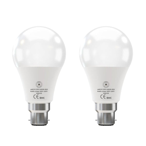 B22 LED Bulb A65 15W 1500LM Cool White 6400K Energy Saving~6262 – Pack of 2