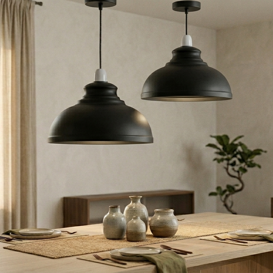 Easy-Fit Black Metal Lampshade - 29cm Curvy Dome Retro Pendant Light~6158