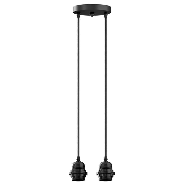 Black Twin Pendant Light Kit with Ceiling Rose – Fabric Cable Hanging Lamp Holder E27 ~5692 – No