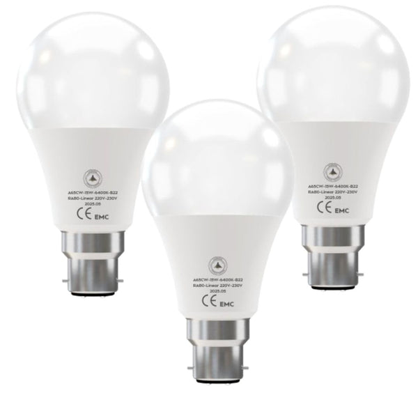 B22 LED Bulb A65 15W 1500LM Cool White 6400K Energy Saving~6262 – Pack of 3