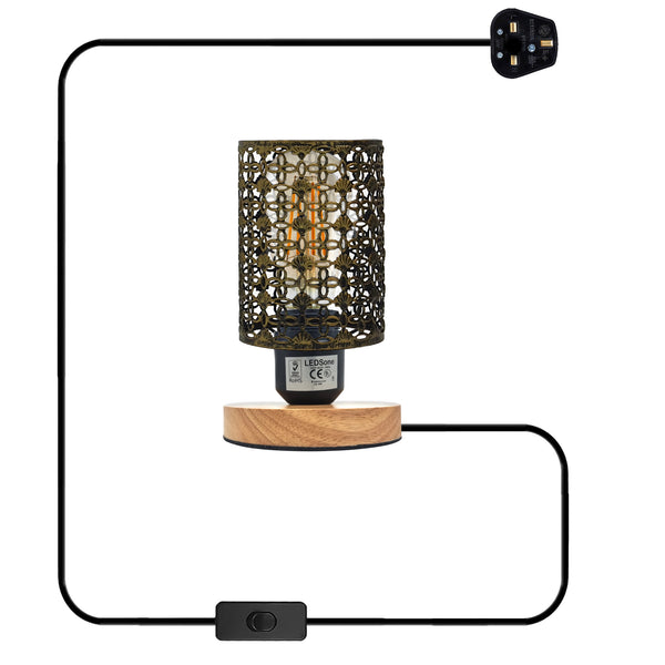 Vintage Wire Cage Table Lamp Wooden Stand Plug-In E27~5308 – Brushed Brass / No