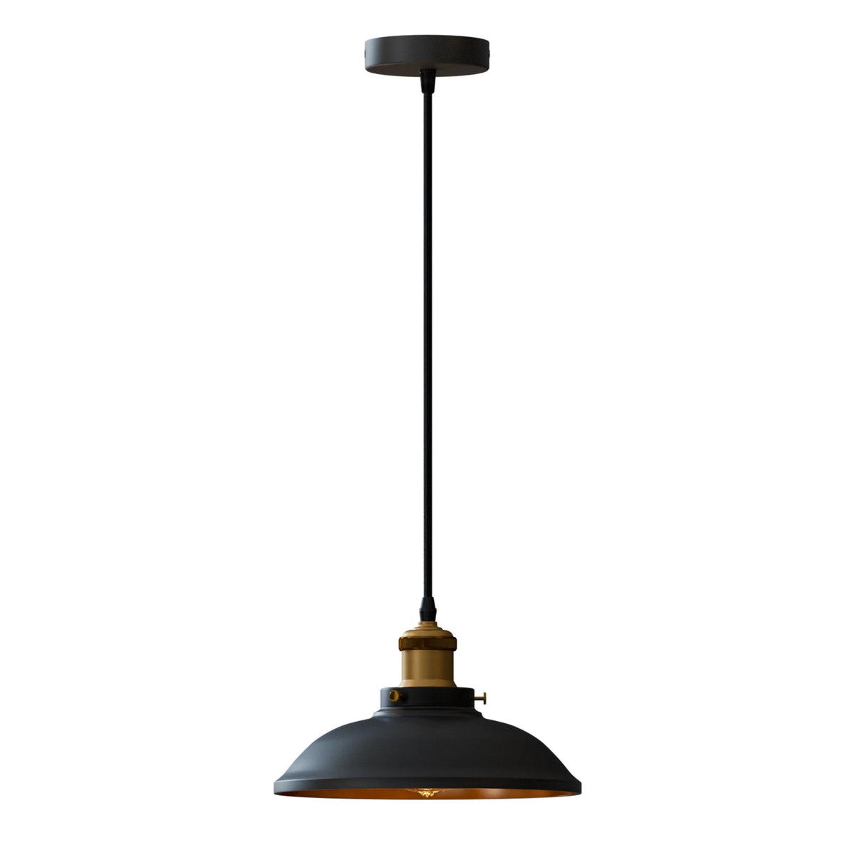 Black pendant light with gold interior on a white background