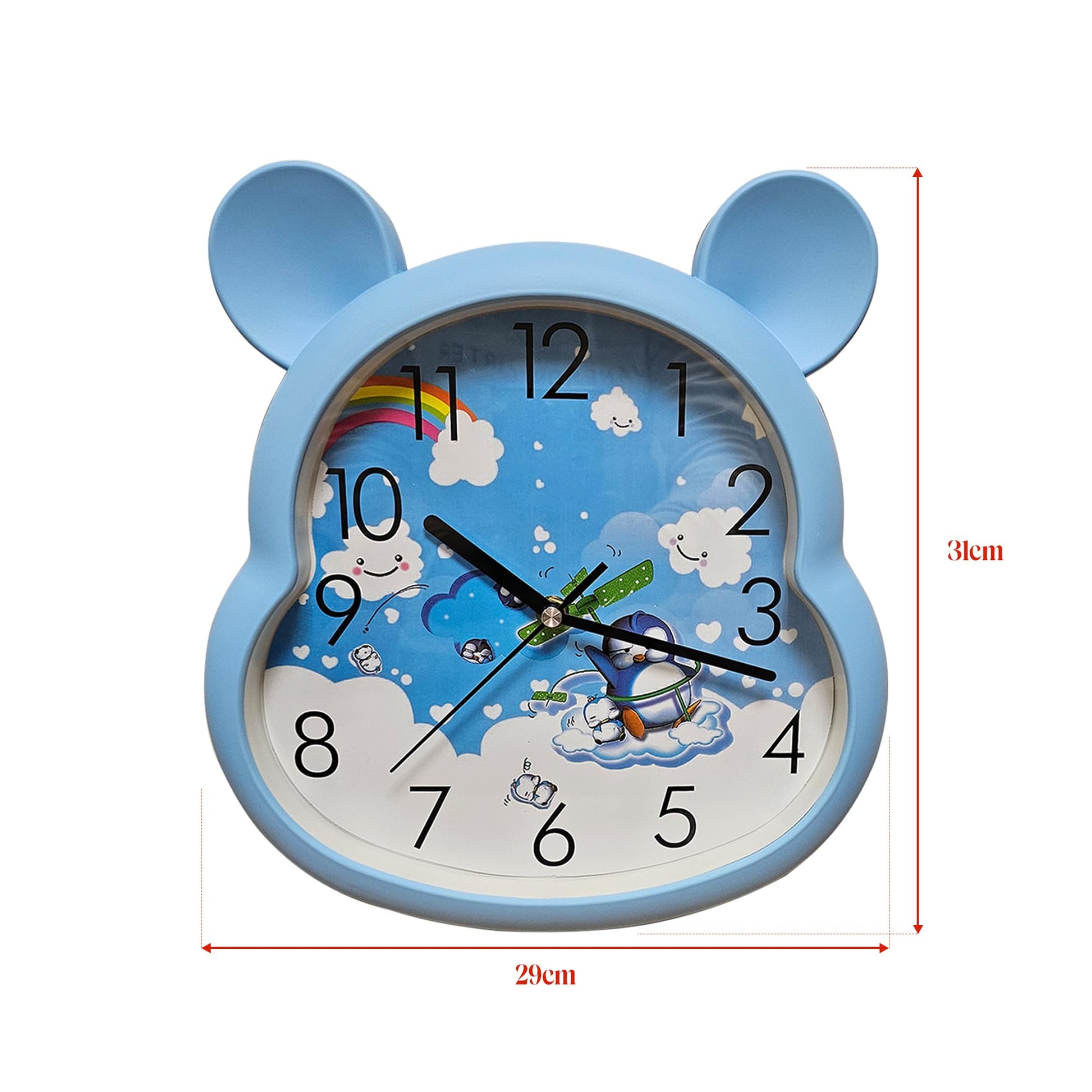 light blue non-ticking wall clock, blue quartz clock for boys room, 35 cm round wall clock light blue, battery powered silent children's clock, large numbers round clock blue