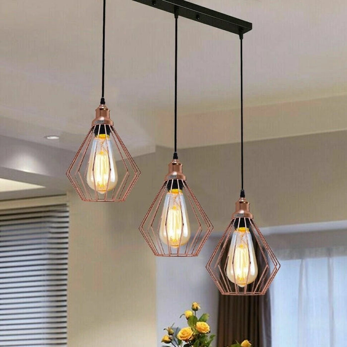 Rectangular cage chandelier with three linear pendant lights