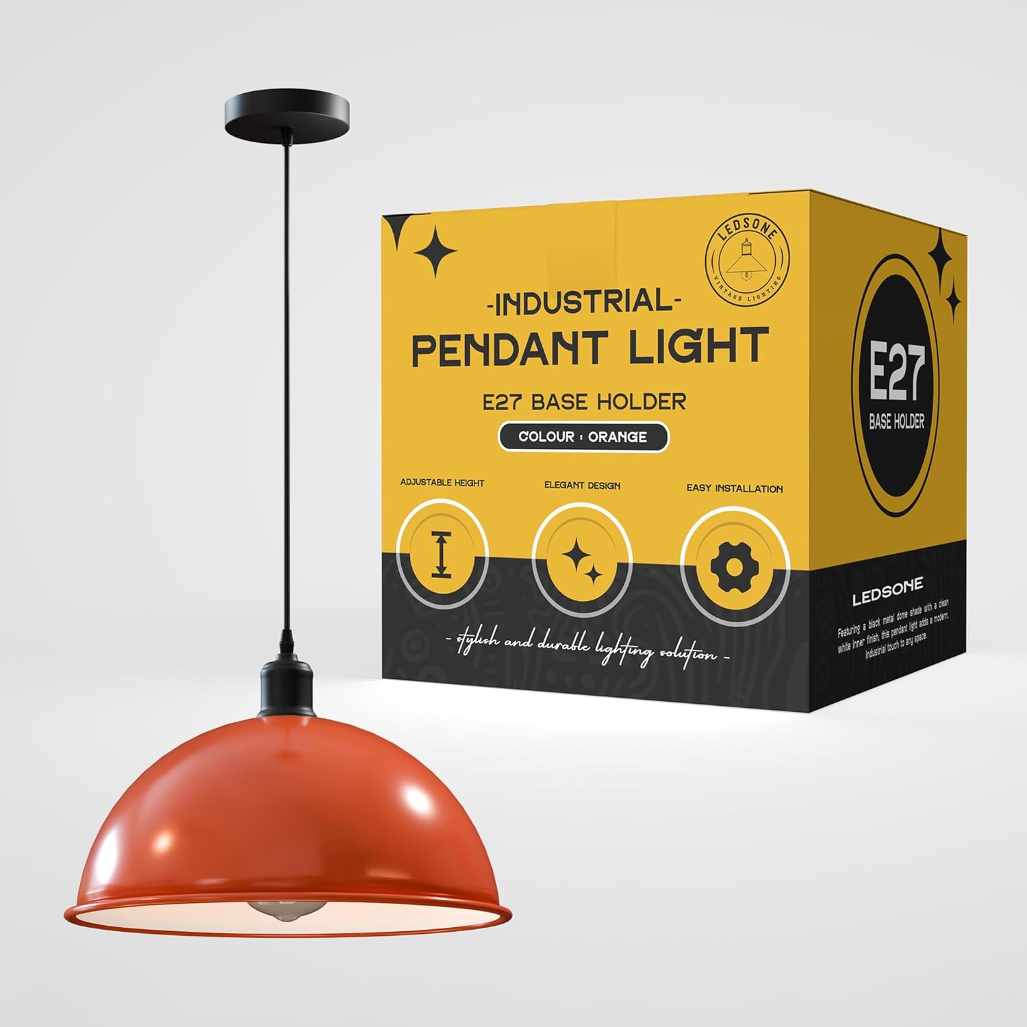 bright orange dome pendant light fixture, single E27 orange hanging lamp no bulb, adjustable orange metal light shade, orange dome light shell for nursery, vintage orange ceiling fixture