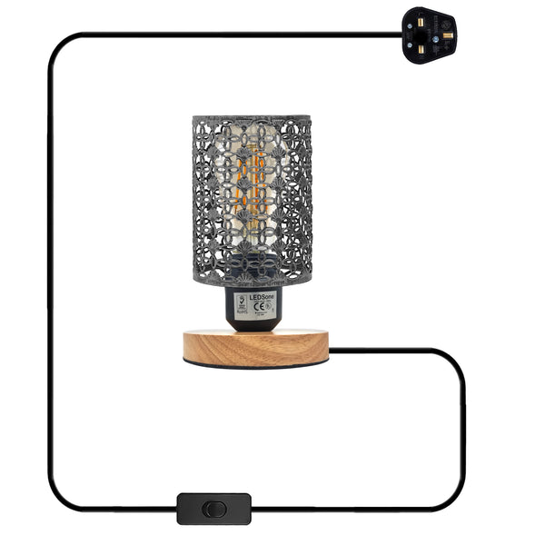 Vintage Wire Cage Table Lamp Wooden Stand Plug-In E27~5308 – Brushed Silver / Yes