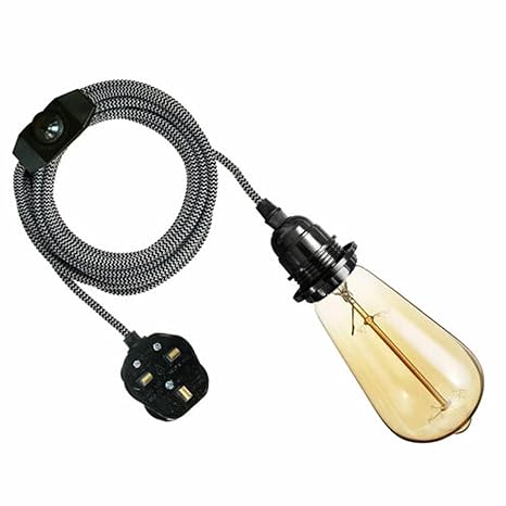 2M Plug-in Vintage E27 Dimmer Switch Stoffen Hanglamphouder met GRATIS LAMP~1267 – Zwart en wit