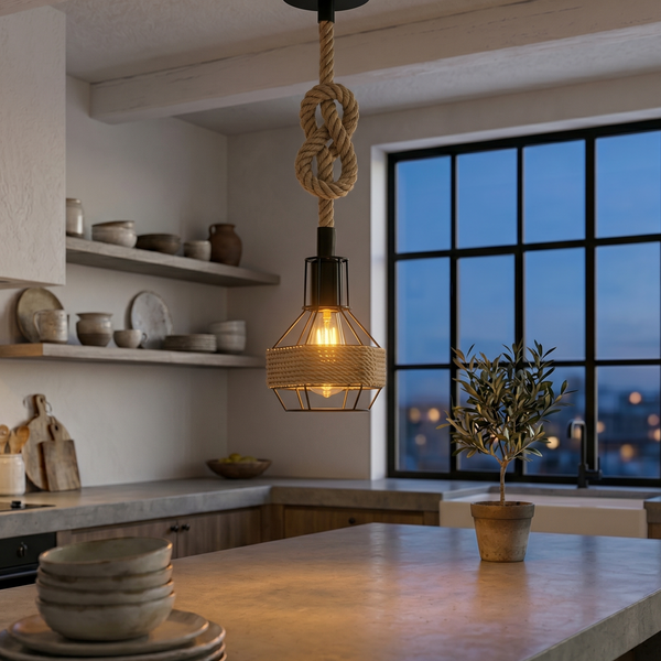 Industrial Hemp Rope Pendant Light - Black Cage  E27 Ceiling Chandelier | Adjustable Height ~6203 – Single + Bulb