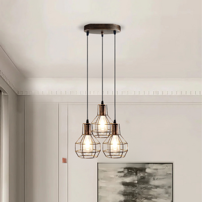 3-Light Hanging Brushed Brass Cage Pendent Fixture~5318