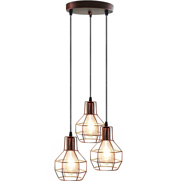 3-Light Hanging Brushed Brass Cage Pendent Fixture~5318 – Rustic Red / Yes