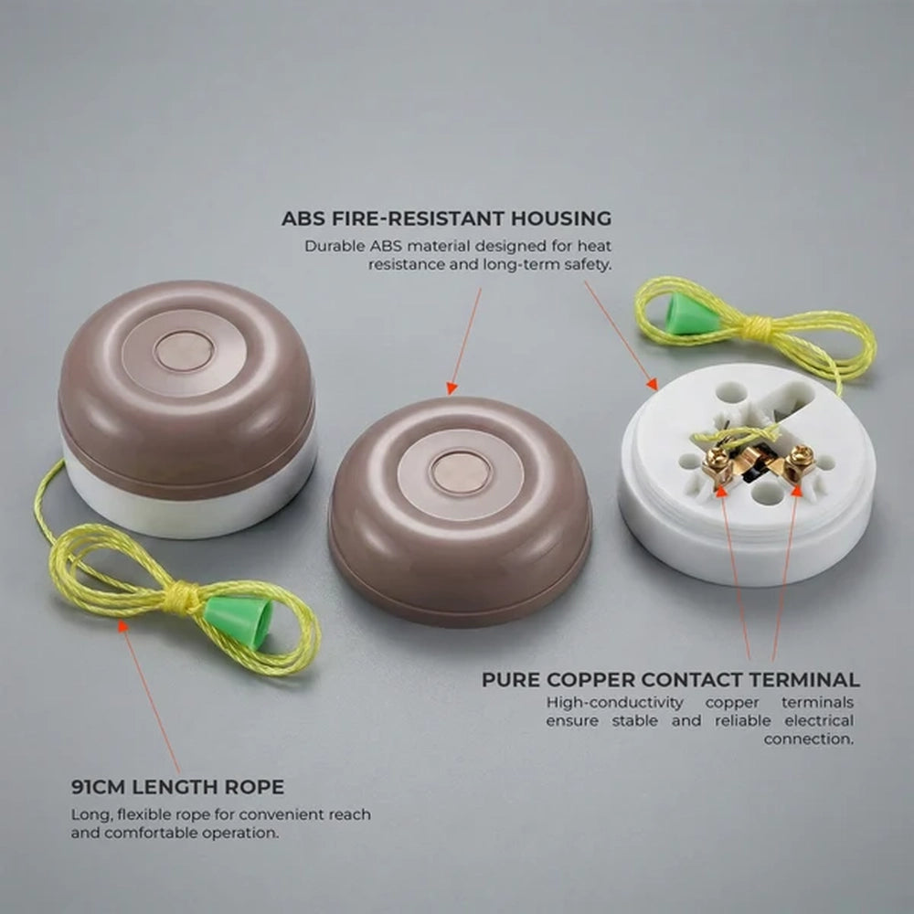 pull switch features: ABS housing, copper terminals and 91cm rope