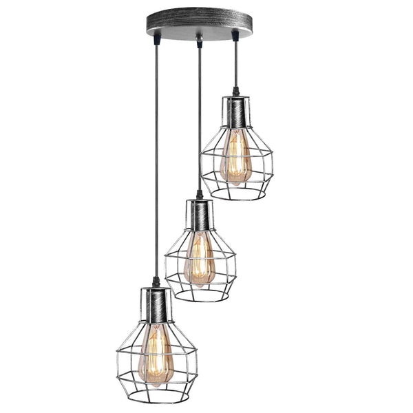 3-Light Hanging Brushed Brass Cage Pendent Fixture~5318 – Brushed Silver / Yes
