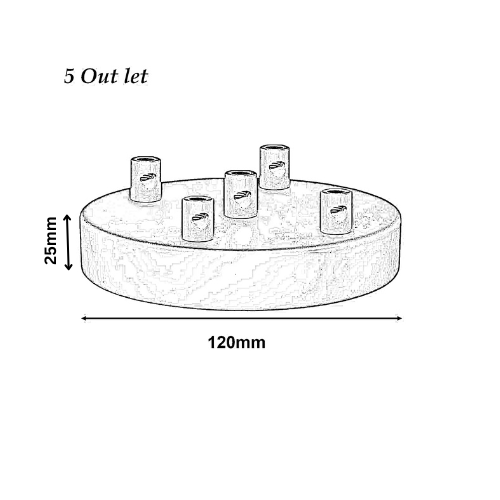 Technical drawing of a circular component with five cylindrical protrusions, labeled with dimensions.