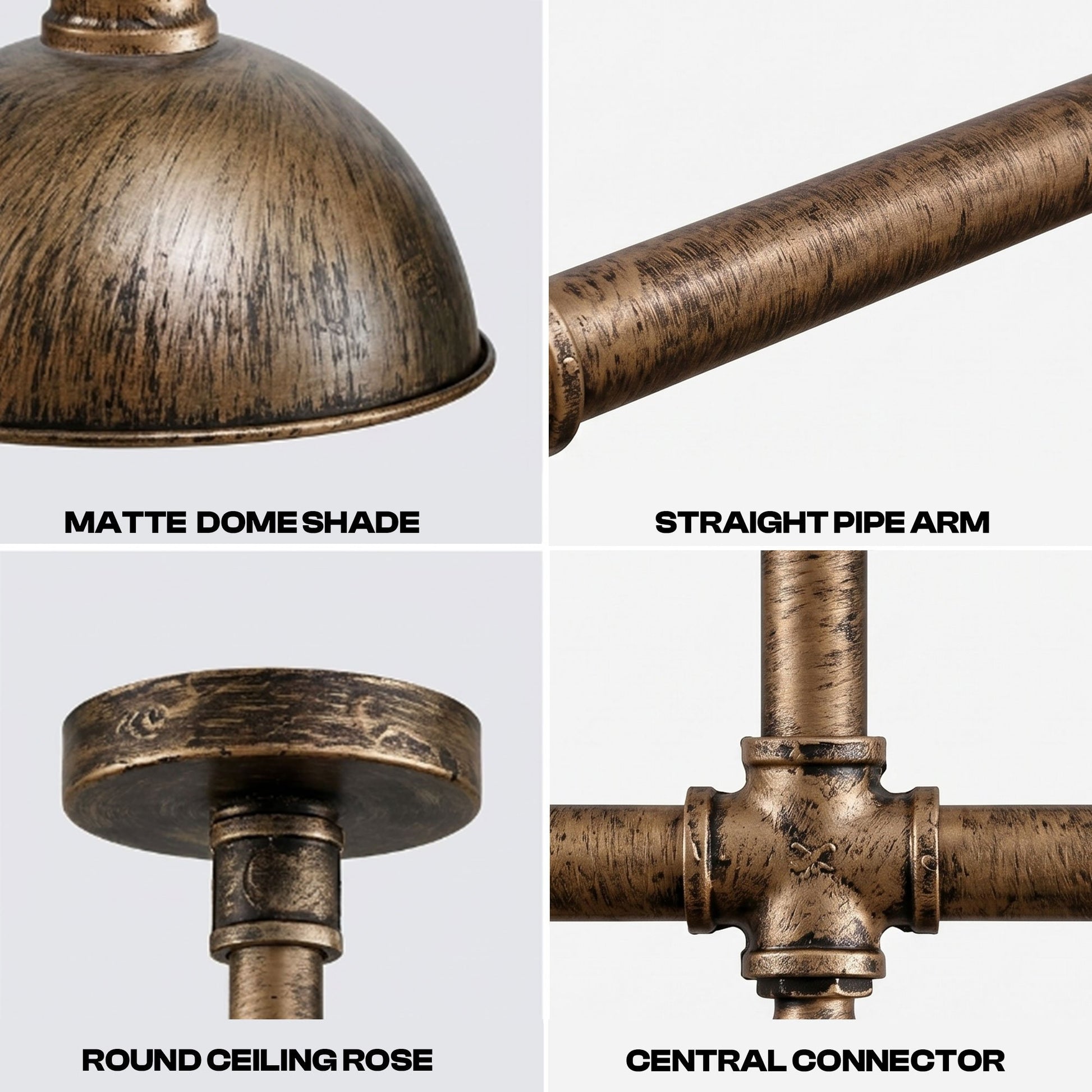 Four-panel close-up product detail view of an industrial-style pendant light fixture in a distressed bronze finish, showing the matte dome shade, straight pipe arm, round ceiling rose, and central connector on a light gray background.