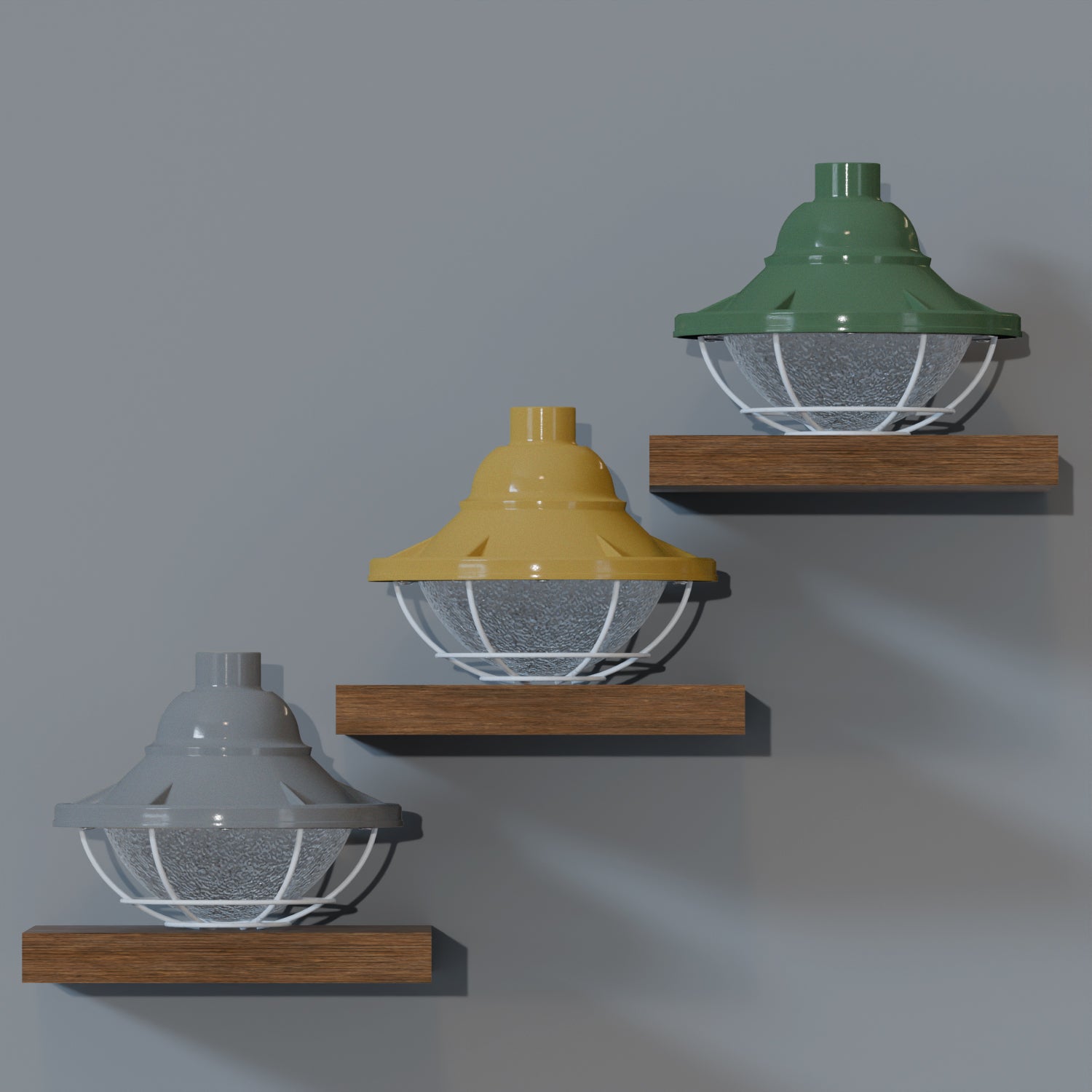 Three pendant hanging lights with metal wire cage