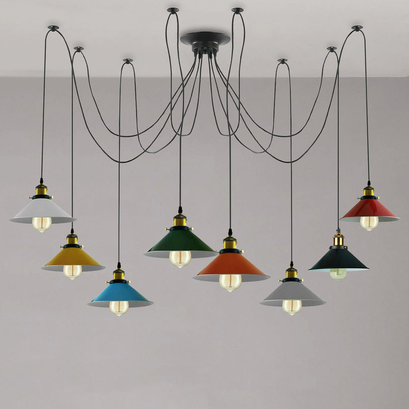 Eight-way industrial spider pendant light with cone shades