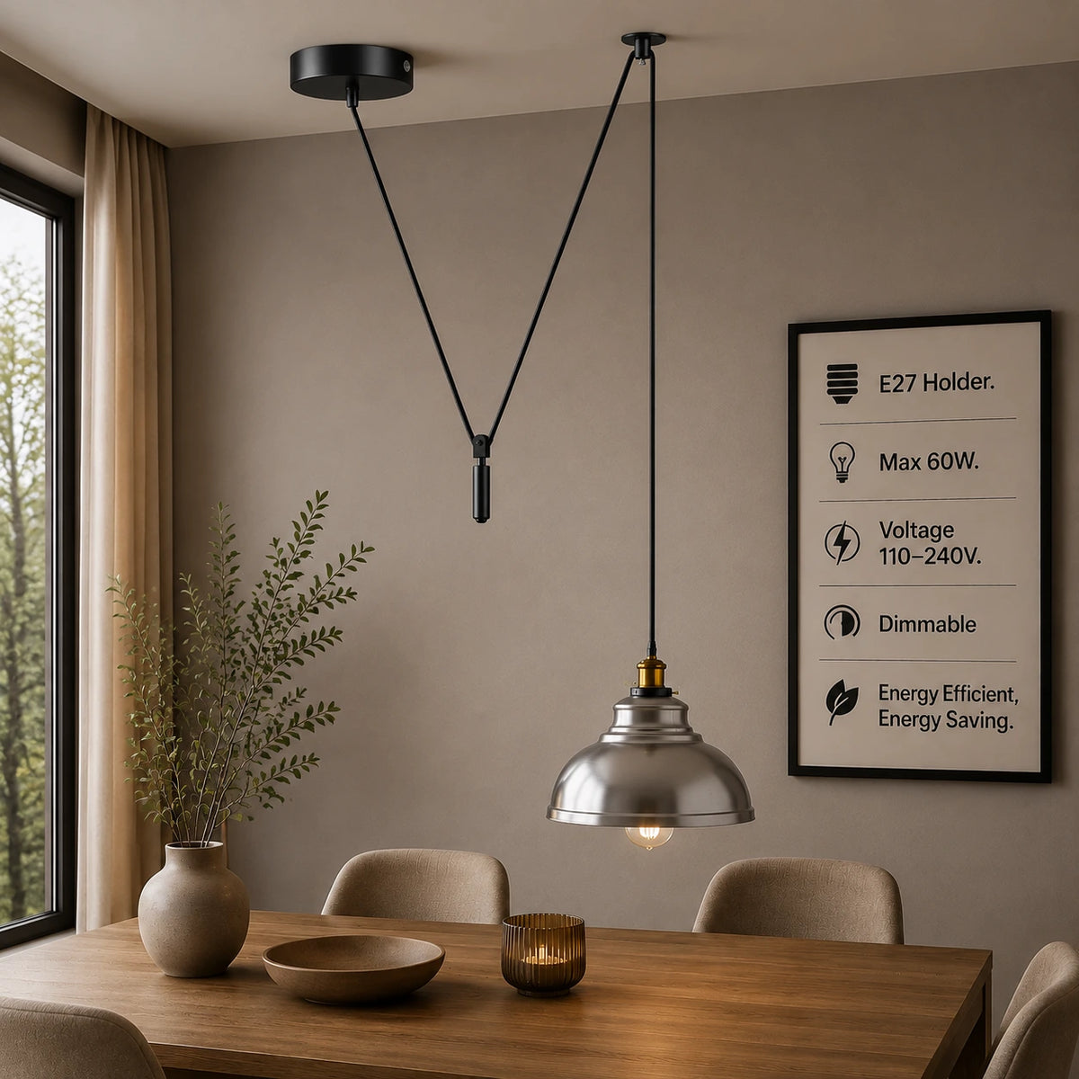 Brushed silver dome pulley pendant light with black cord hanging over a wooden dining table
