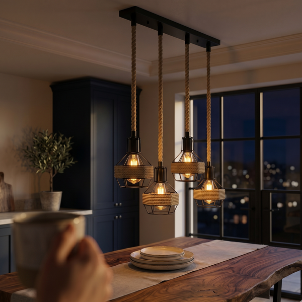 Industrial Hemp Rope Pendant Light - Black Cage  E27 Ceiling Chandelier | Adjustable Height ~6203 – Rectangle 4 + Bulbs