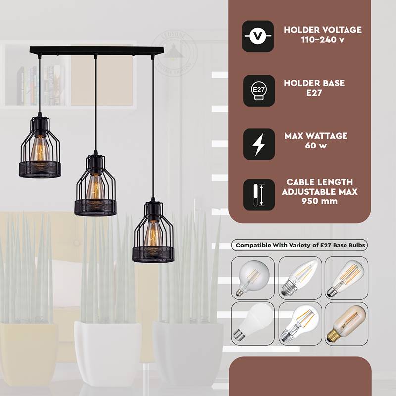 3 way Ceiling pendant Light Cage Rectangle Light Fitting-Detail 2