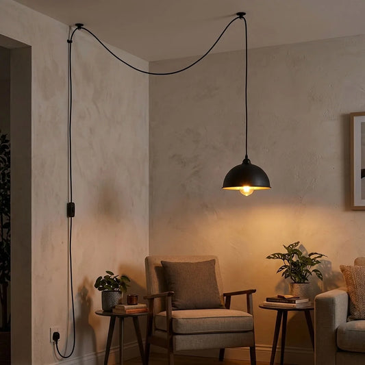 Black 4.5m UK 3-Pin Plug-In Pendant Light | Swag Lamp Overhead Corded ~7005