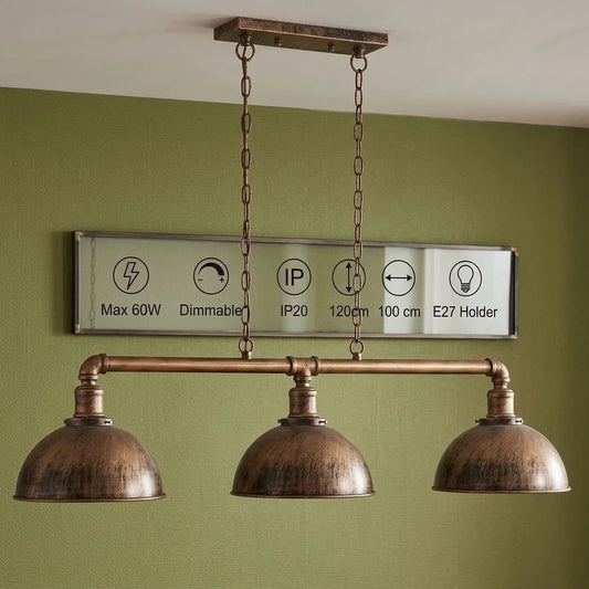 Industrial Steampunk 3 Way Pipe Pendant Light E27 Kitchen Island ~6320