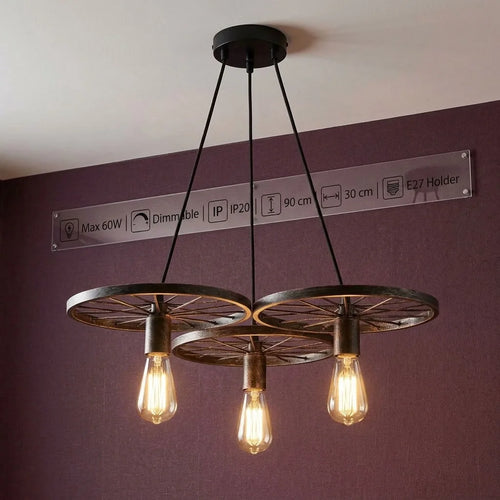 Vintage 3-head wagon wheel pendant light chandelier