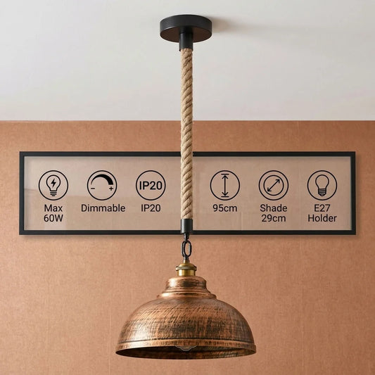 1M Heritage Hemp Suspended Ceiling Pendant Light Brushed Copper Metal 29cm ~1940
