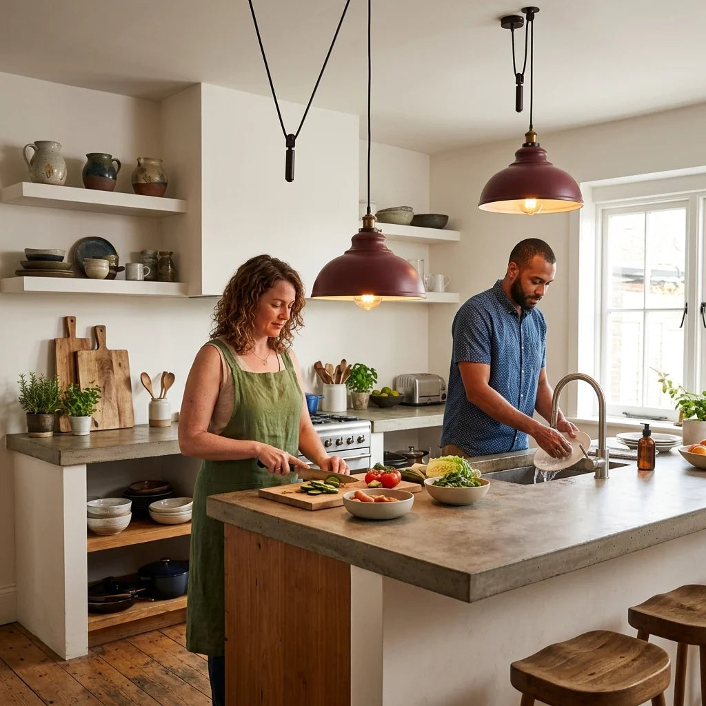 Modern kitchen with red pulley pendant lights hanging over the island