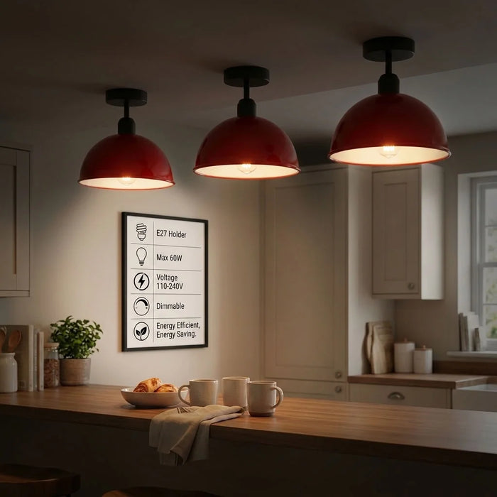 Industrial dome shade semi-flush ceiling light with warm glow