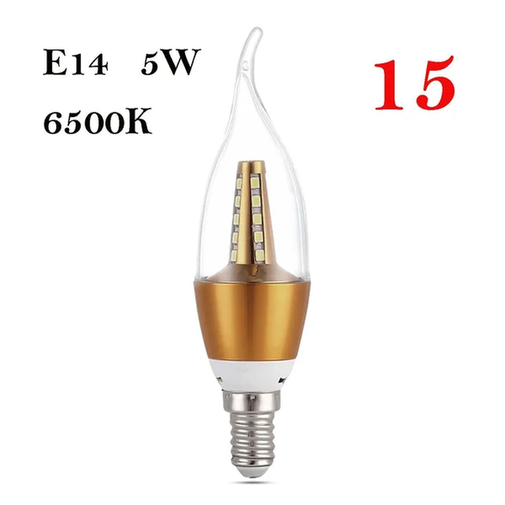 E14 5W LED candle bulb, 6500K, with flame tip and gold body
