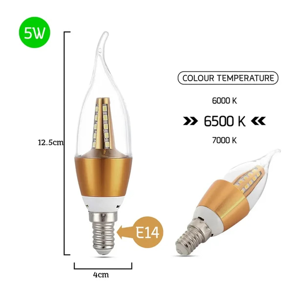 5W E14 LED candle bulb, 12.5cm tall, 6500K colour temperature