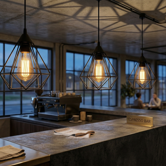 Pantalla de lámpara de fácil instalación con diseño industrial geométrico de diamante metálico y jaula de alambre ~4768 