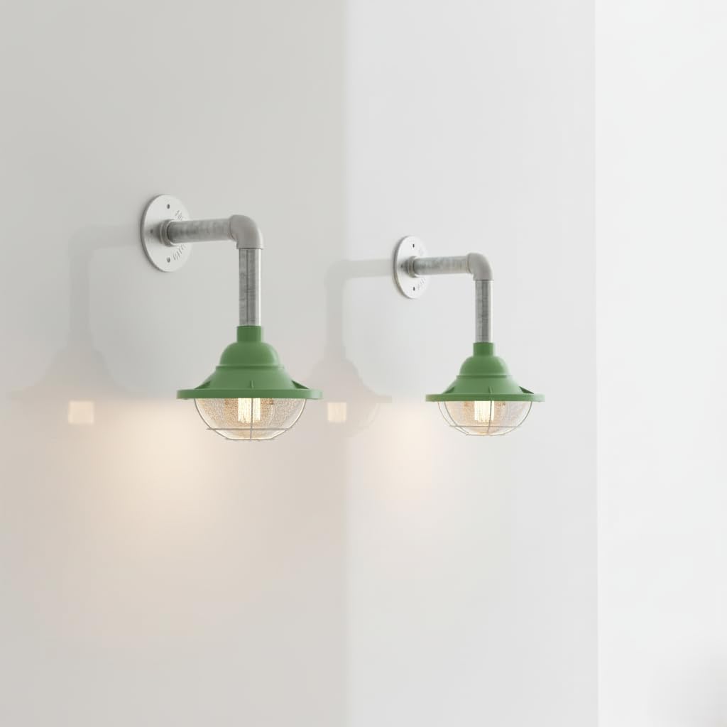 green galvanized steel wall sconce with bulb, 2-pack industrial wall light green, 10.5cm metal fisherman cage lamp, E27 vintage green pipe lighting, ready-to-install green wall sconces