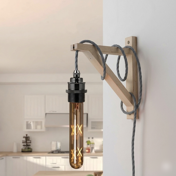 Vintage Plug-In Pendant Kit E27 Dimmable Fabric Cord ~2177 – Grey / 4.5m / Satin Black