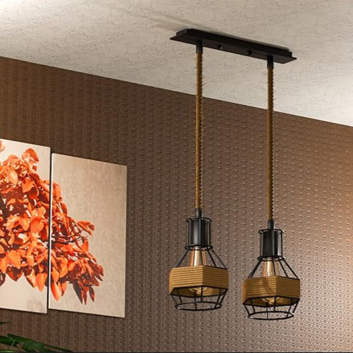 Industrial Hemp Rope Pendant Light - Black Cage  E27 Ceiling Chandelier | Adjustable Height ~6203 – Rectangle 2 + Bulbs