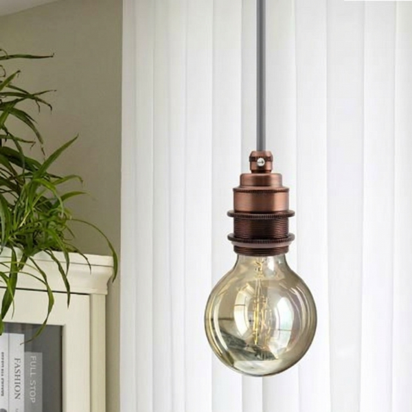 Vintage Plug-In Pendant Kit E27 Dimmable Fabric Cord ~2177 – Grey / 2m / Copper