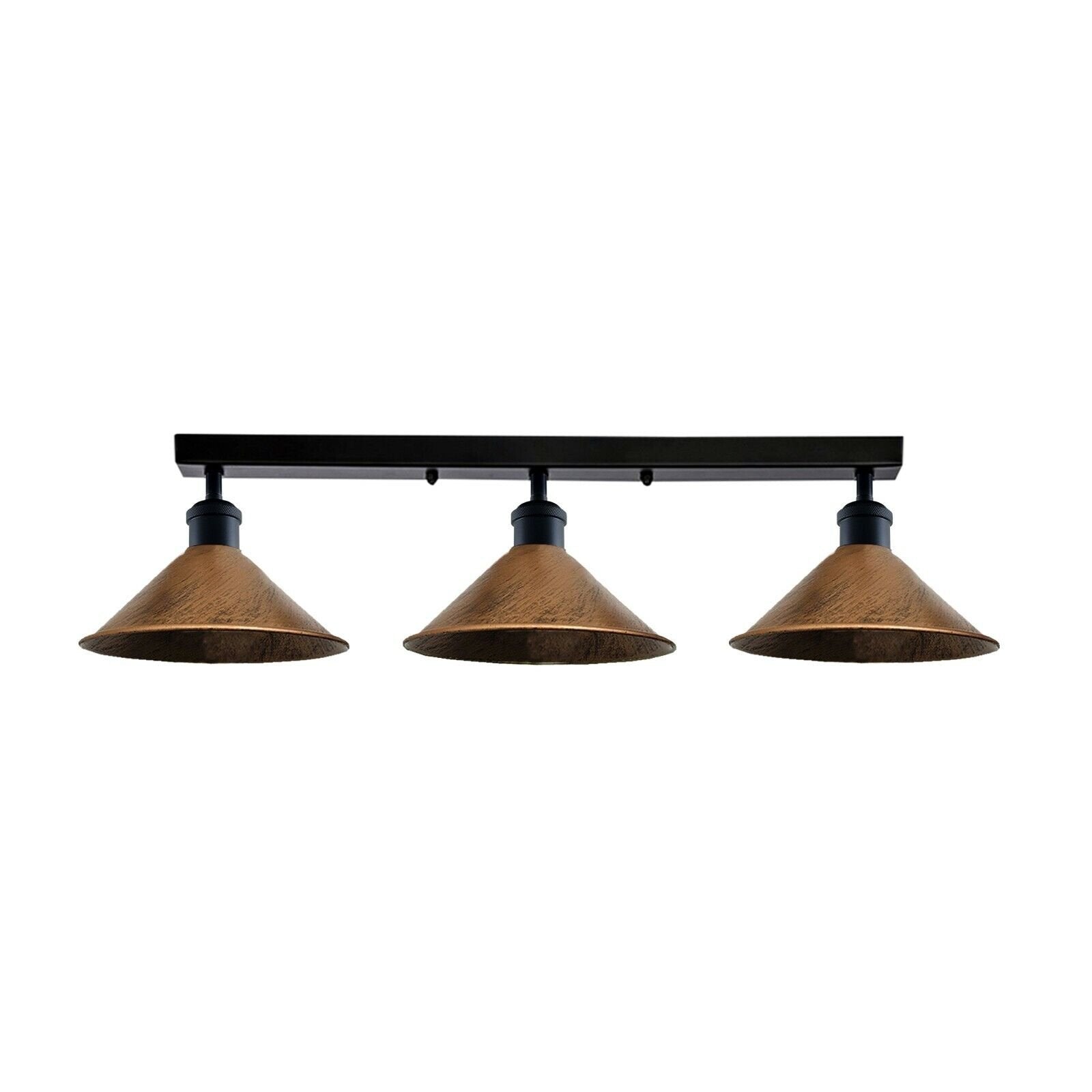 Three-light fixture with brown shades on a white background
