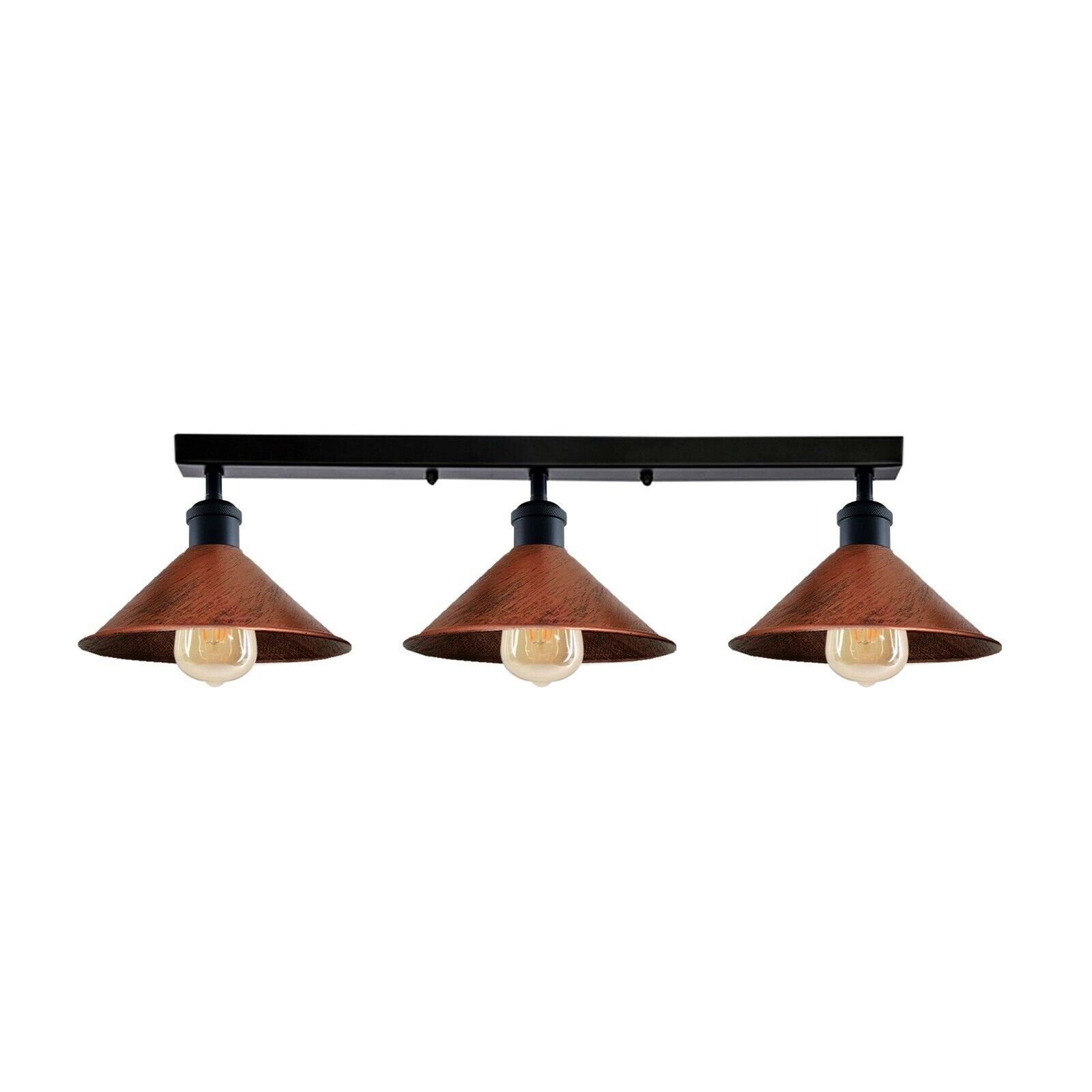 Three-light fixture with brown lampshades on a white background