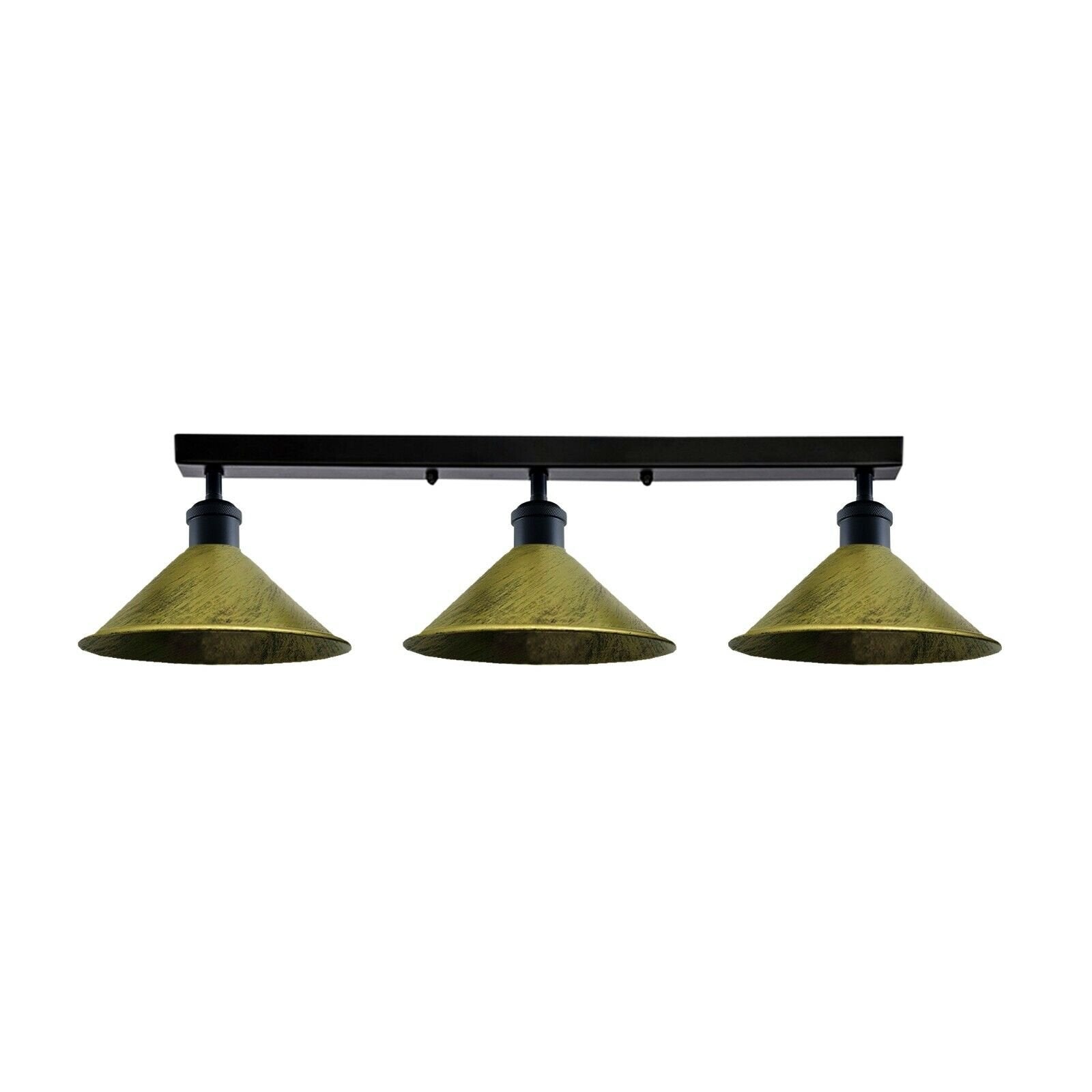 Ceiling light fixture with three brass-colored lampshades on a white background